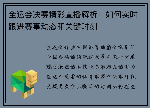 全运会决赛精彩直播解析：如何实时跟进赛事动态和关键时刻