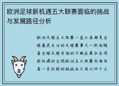 欧洲足球新机遇五大联赛面临的挑战与发展路径分析