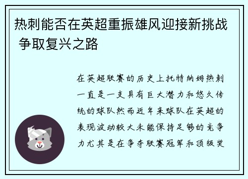 热刺能否在英超重振雄风迎接新挑战 争取复兴之路